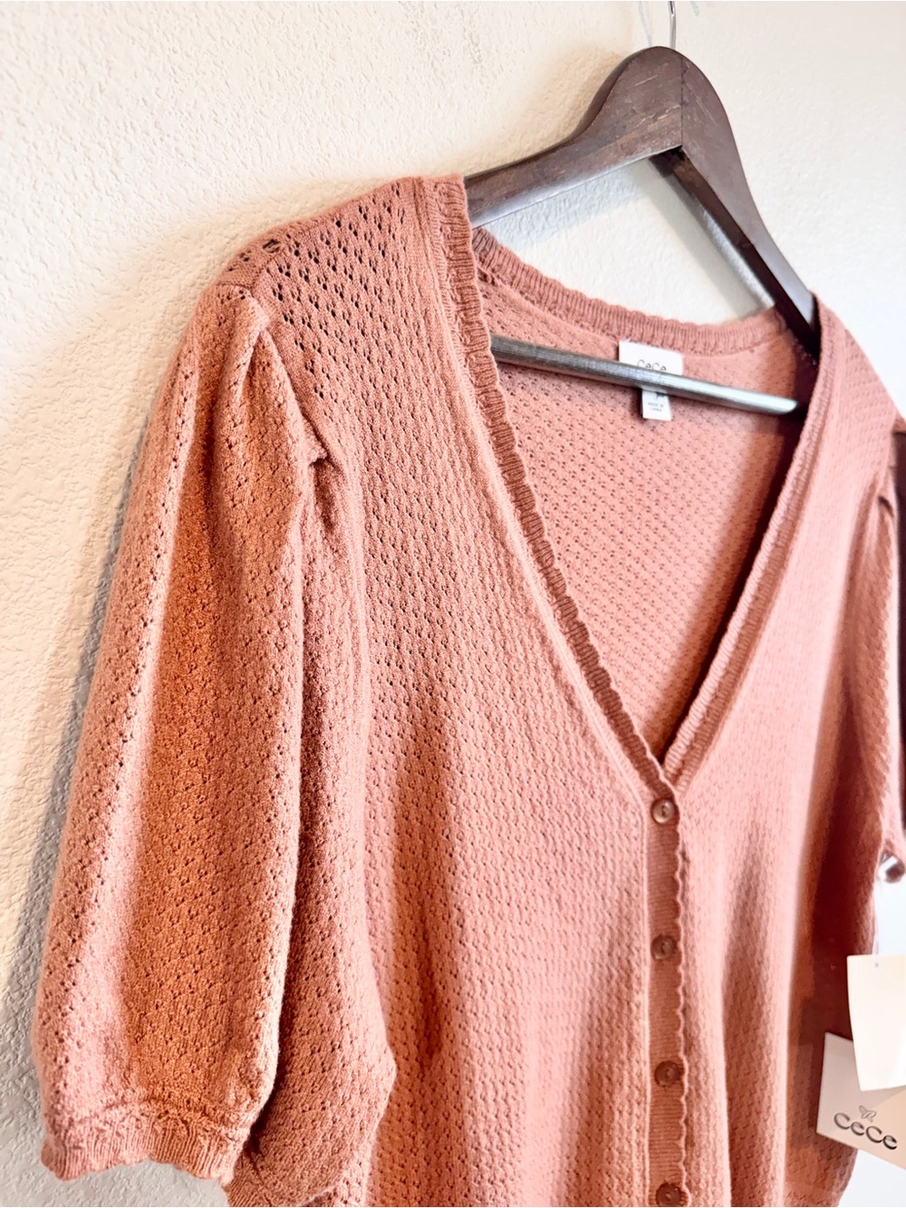 CeCe C’est La Vie Puff Sleeve Cardigan NWT Mocha Mousse Brown Balletcore L H39 - Picture 3 of 10